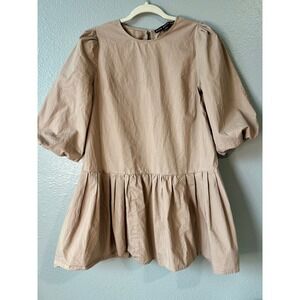 HYFVE Puff Sleeve Mini Dress Pleated Drop‎ Waist Casual Tan Beige Medium M